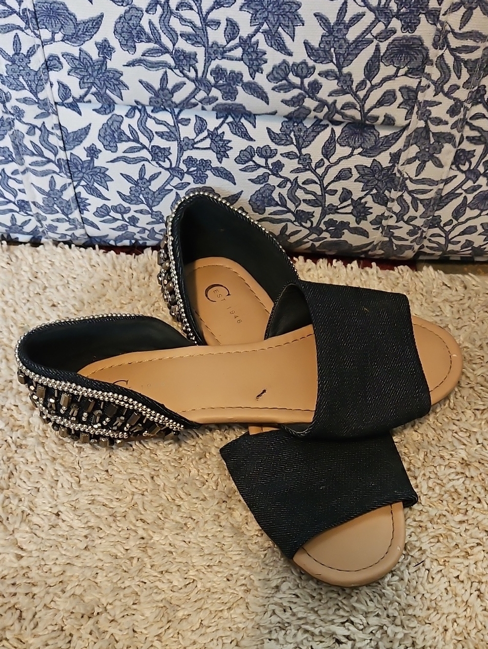 Cato Black Beaded Open-Toe Slide Sandals